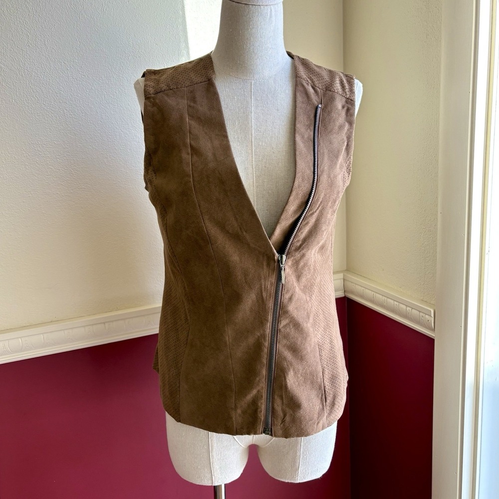 Vintage Upcycled Faux Suede Vest Camel‎ Brown Asymmetric Zip Notations Womens PS